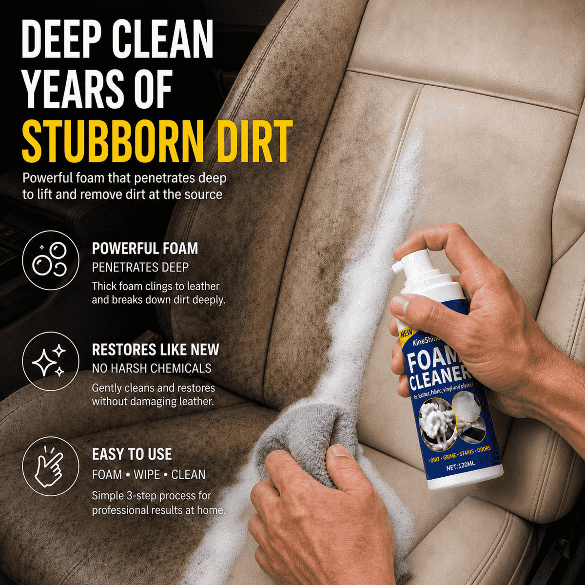 Car Interior Foam Cleaner — Removes Grease, Dust, Coffee Stains & Grime