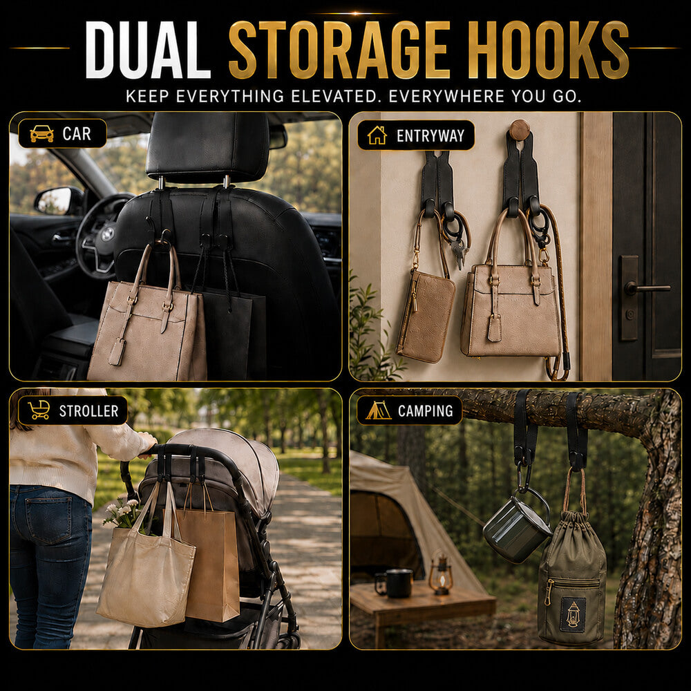 Car Headrest Double Hooks — Strong Seatback Hanger for Bags & Shopping Bags