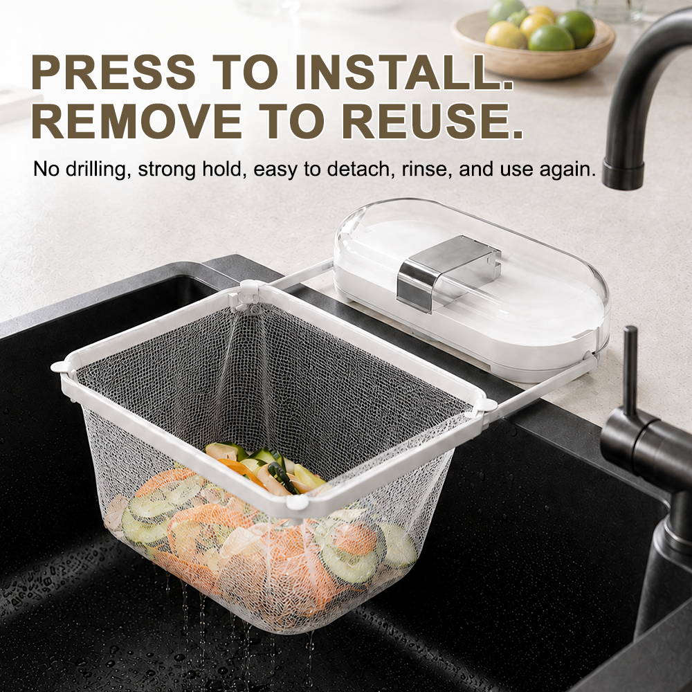 2-in-1 Suction Cup Sink Strainer Rack – Movable Food Waste Filter with Disposable Drain Nets -up