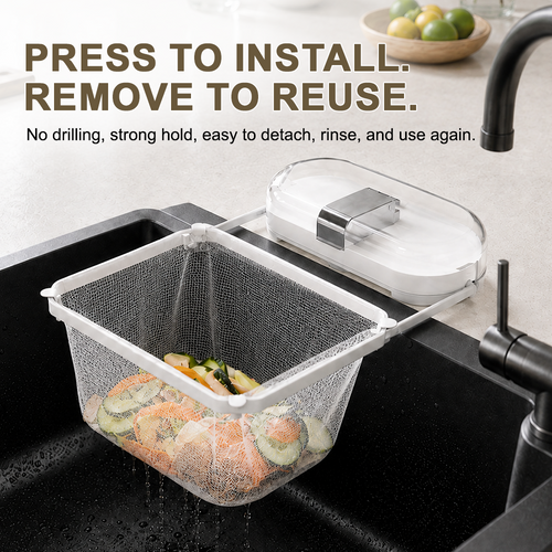 2-in-1 Suction Cup Sink Strainer Rack – Movable Food Waste Filter with Disposable Drain Nets -up