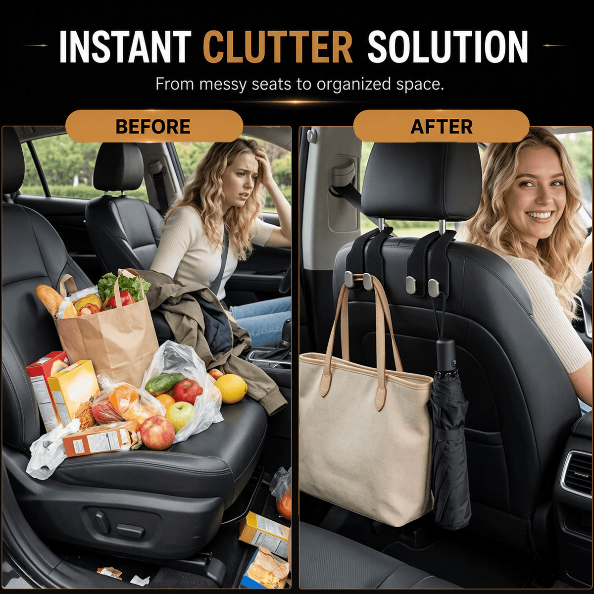 Car Headrest Double Hooks — Strong Seatback Hanger for Bags & Shopping Bags