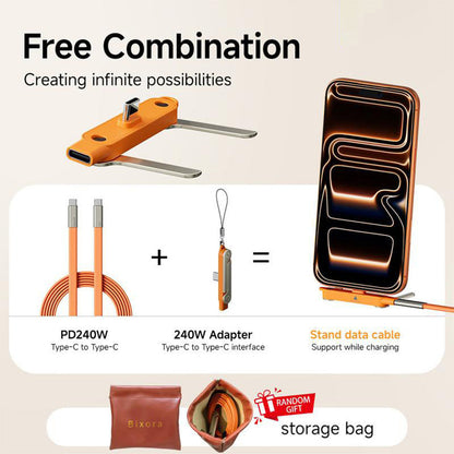 240W SuperCharge 360° Rotating Invisible Stand Detachable 2-in-1 Charging Cable, Zinc Alloy Silicone Type-C Cable, Compatible with Apple and Samsung, Essential for Gaming, Office and Car Use🍀