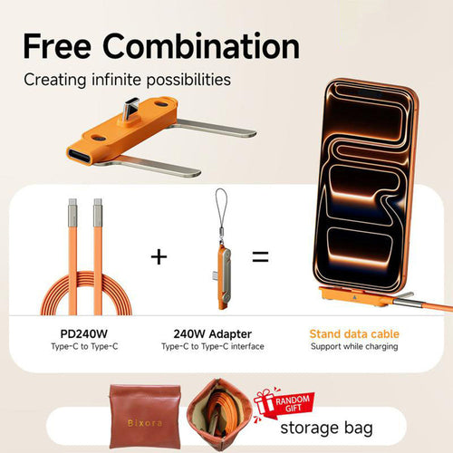 240W SuperCharge 360° Rotating Invisible Stand Detachable 2-in-1 Charging Cable, Zinc Alloy Silicone Type-C Cable, Compatible with Apple and Samsung, Essential for Gaming, Office and Car Use🍀
