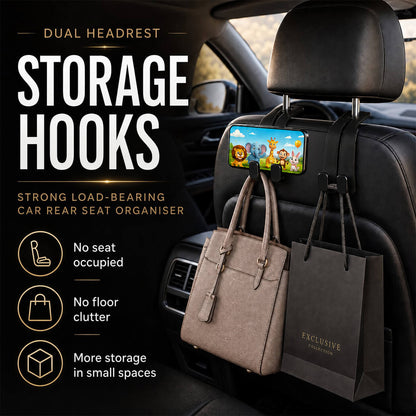 Car Headrest Double Hooks — Strong Seatback Hanger for Bags & Shopping Bags