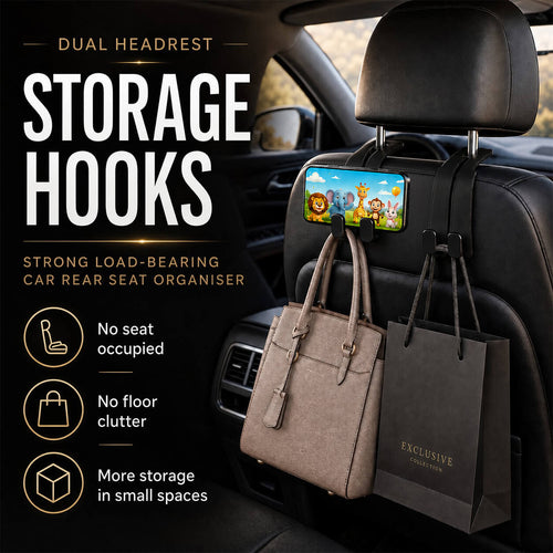 Car Headrest Double Hooks — Strong Seatback Hanger for Bags & Shopping Bags
