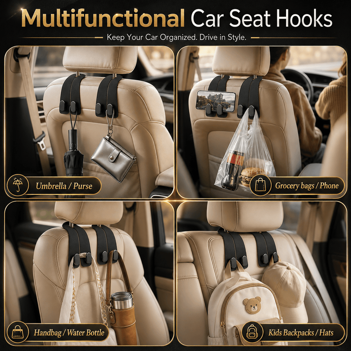 Car Headrest Double Hooks — Strong Seatback Hanger for Bags & Shopping Bags