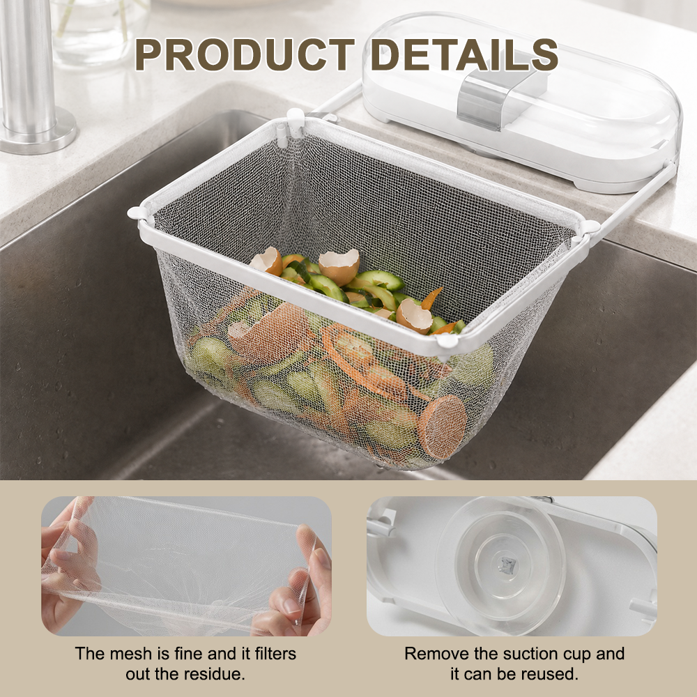 2-in-1 Suction Cup Sink Strainer Rack – Movable Food Waste Filter with Disposable Drain Nets -up