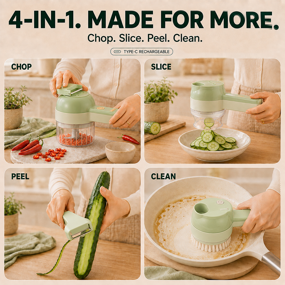 4-in-1 Cordless Electric Chopper, Slicer, Peeler & Scrubber