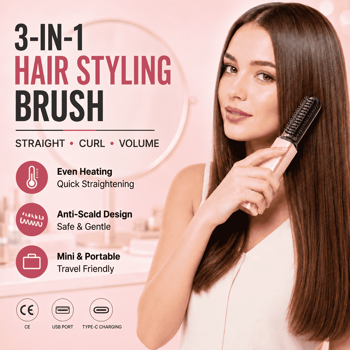 3-in-1 Anti-Scald Hair Styling Brush | Straighten, Curl & Volumize-up