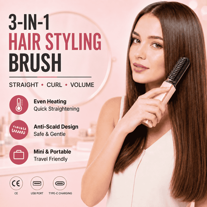 3-in-1 Anti-Scald Hair Styling Brush | Straighten, Curl & Volumize-up