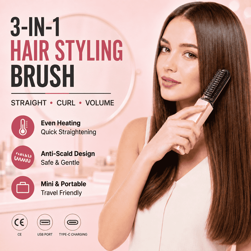 3-in-1 Anti-Scald Hair Styling Brush | Straighten, Curl & Volumize-up
