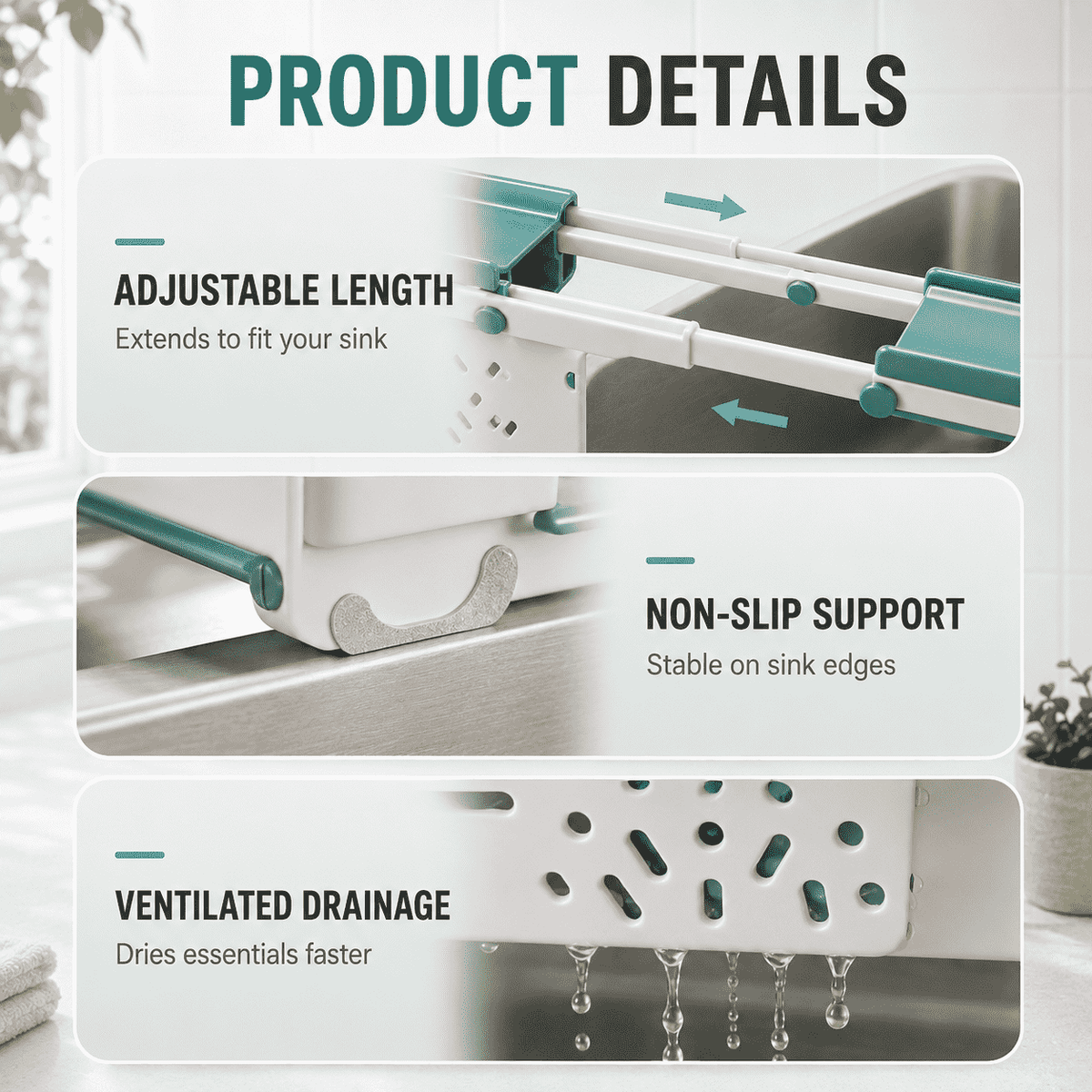 Adjustable Sink Organizer | Hang Towels Up Top, Store Cleaning Supplies Below, Drain Water at the Bottom