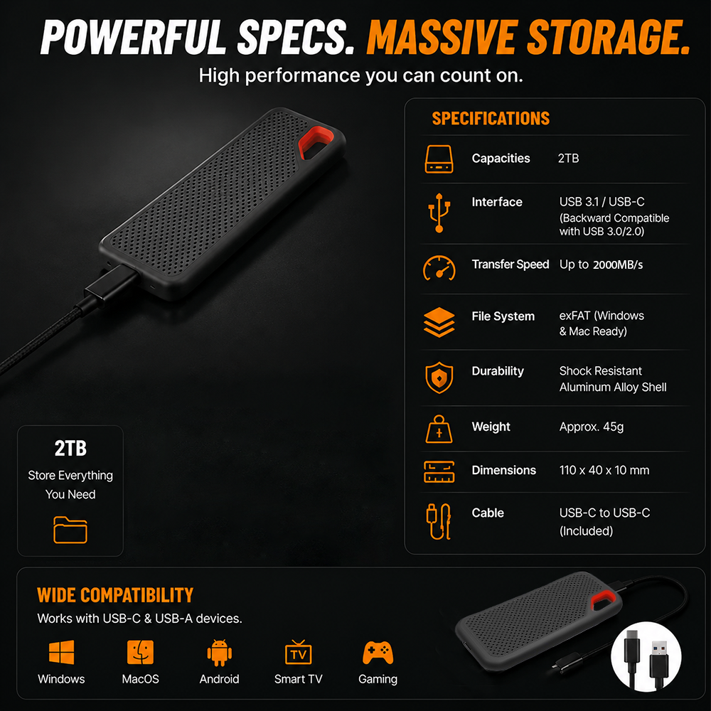 ⚡2TB Type-C Portable Mini SSD | High-Speed External Storage Drive for Laptop, Desktop & Smartphone🍀