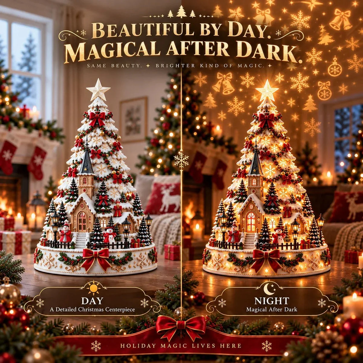 🎄 Magical Christmas Village Projection Centrepiece – 2 Festive Scenes