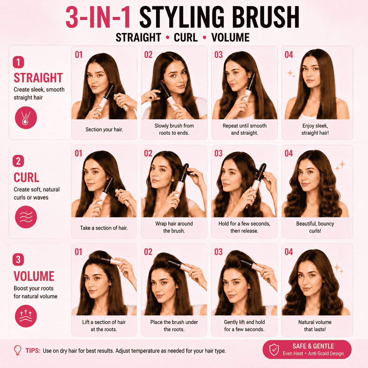 3-in-1 Anti-Scald Hair Styling Brush | Straighten, Curl & Volumize-up