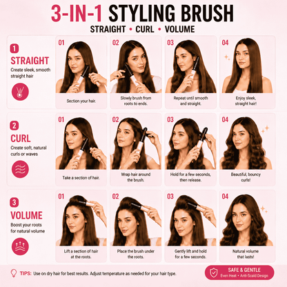 3-in-1 Anti-Scald Hair Styling Brush | Straighten, Curl & Volumize-up